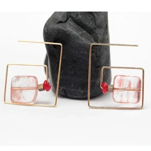 Square Threader Earrings Gold Pink - Picture 11 of 11